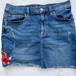 Seven7 Blue Denim Mini Skirt with Red Floral Embroidery